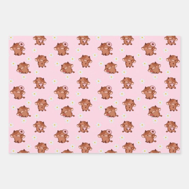 Feuille De Papier Cadeau Pink Kawaii Highland Cows Seamless Pattern (Devant)