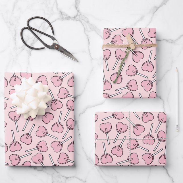 Feuille De Papier Cadeau Pink Lollipops, Heart Lollipops, Lollipop Pattern (Recto)