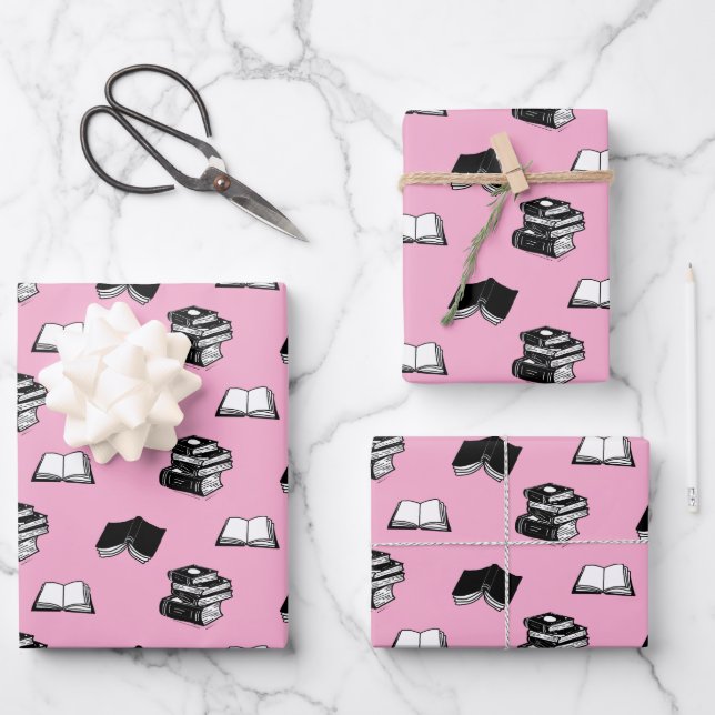 Feuille De Papier Cadeau Pink Modern Boish Bibliophile Motif de livre (Recto)