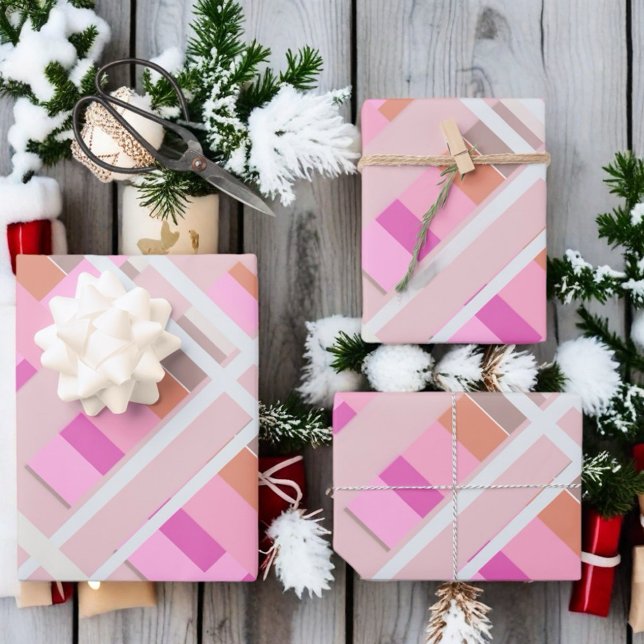 Feuille De Papier Cadeau Pink Noël plaid bleu orange blanc magenta (Créateur téléchargé)