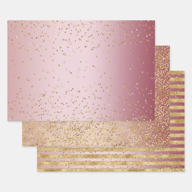 Feuille De Papier Cadeau Pink Ombre Gold Glitz Sparkle Stripes Leopard (Lot)