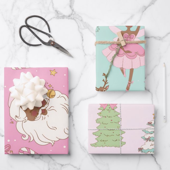 Feuille De Papier Cadeau Pink Pastel Christmas Black Santa & Ballerina (Recto)