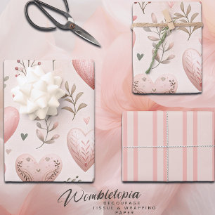 Feuille De Papier Cadeau Pink Pastel Love Hearts et Floral Aquarelle