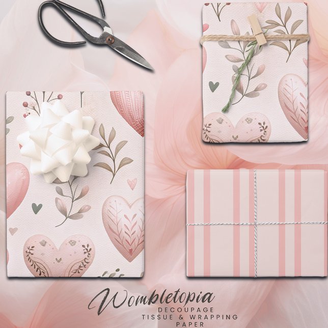 Feuille De Papier Cadeau Pink Pastel Love Hearts et Floral Aquarelle (Créateur téléchargé)