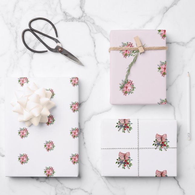 Feuille De Papier Cadeau Pink Poinsettia Bouquet Holly and Berries (Recto)
