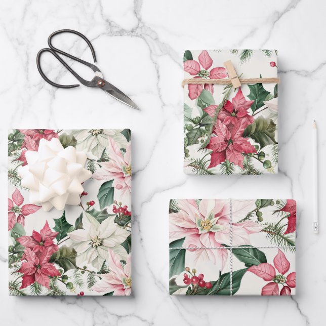 Feuille De Papier Cadeau Pink Poinsettias Noël élégant (Recto)