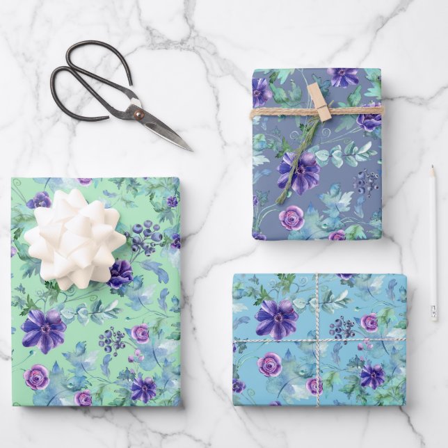 Feuille De Papier Cadeau Pink Purple Anemones Spring Fête des mariées extér (Recto)