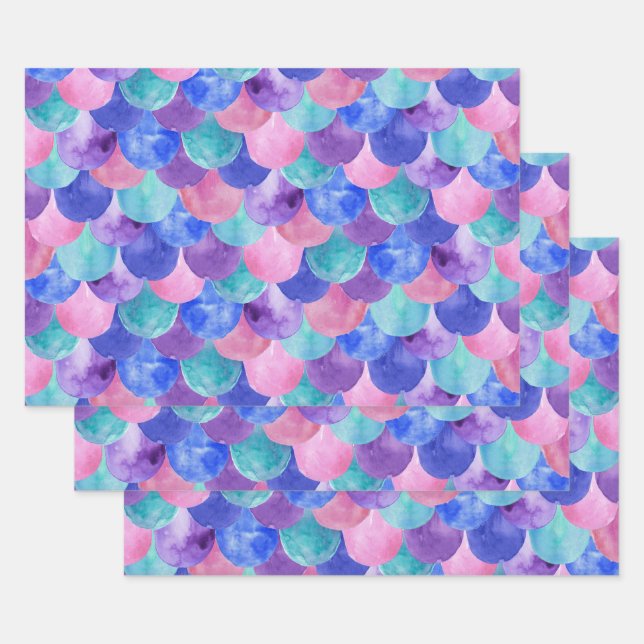 Feuille De Papier Cadeau Pink Purple Blue Aquarelle Turquoise Étales de sir (Lot)
