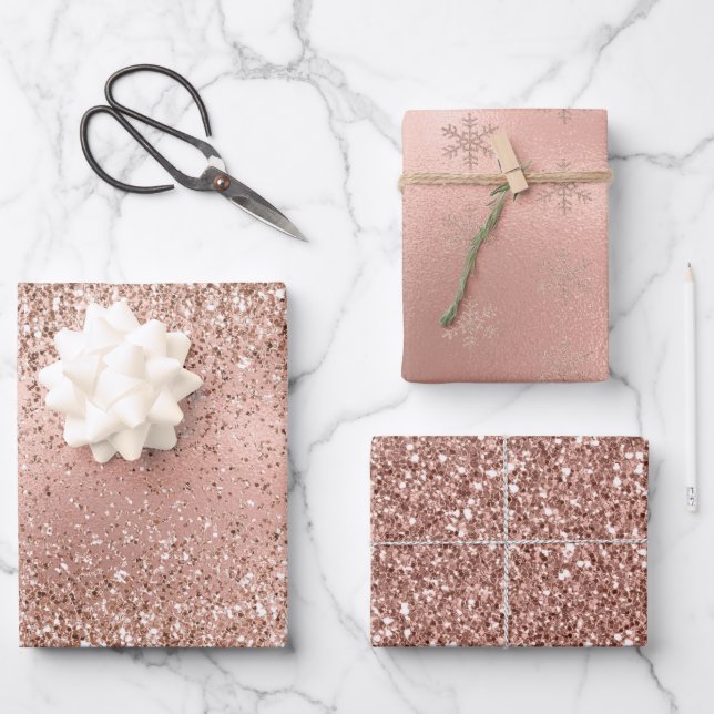 Feuille De Papier Cadeau Pink Rose Gold Glam Parties scintillant Snowflake  (Recto)