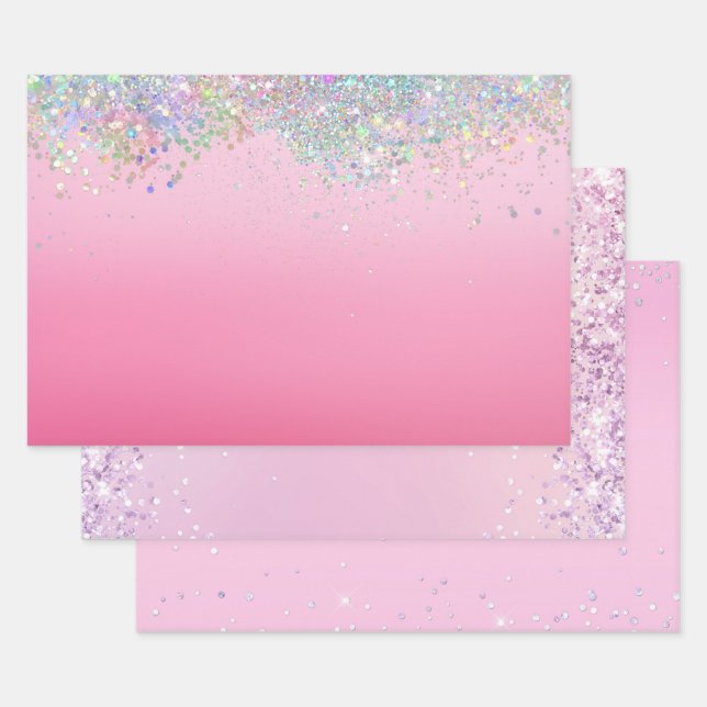 Feuille De Papier Cadeau Pink Silver Glitzy Sparkle Confetti Christmas (Lot)