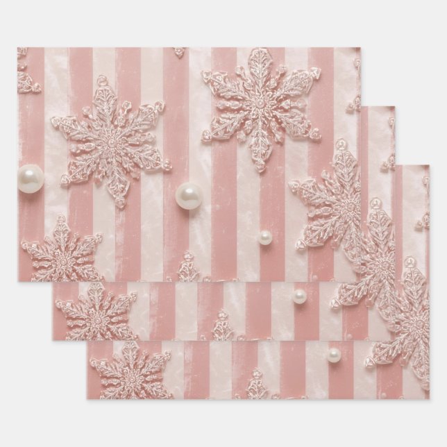 Feuille De Papier Cadeau Pink Striped Velvet Snowflake  (Lot)