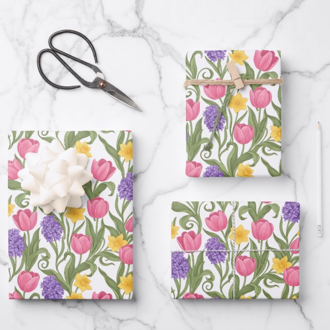 Feuille De Papier Cadeau Pink Tulips, Yellow Daffodils, Purple Hyacinths (Recto)