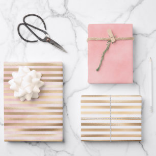 Feuille De Papier Cadeau Pink Watercolor Gold Glam Stripes