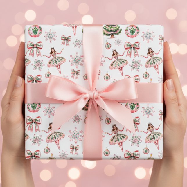 Feuille De Papier Cadeau Pink Watercolor Nutcracker Ballet Noël (Créateur téléchargé)