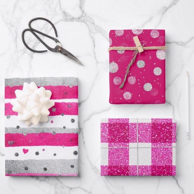 Feuille De Papier Cadeau Pink White Glitter Heart Checkered  (Recto)