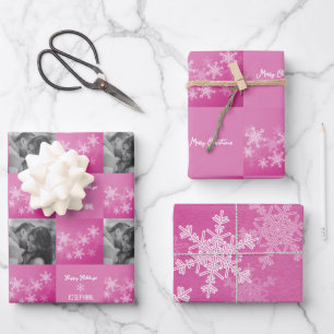 Feuille De Papier Cadeau Pink White Snowlfake minimaliste photo Noël
