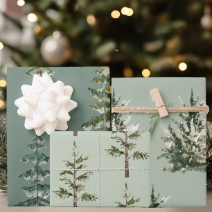 Feuille De Papier Cadeau Pins à l'aquarelle sur sauge   Vacances scandinave