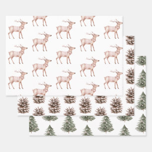 Feuille De Papier Cadeau Pins de cerf rose pâle cônes de Noël