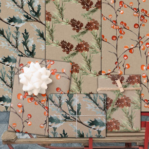 Feuille De Papier Cadeau Pins de genévrier rustique Kraft et baies d'Ilex