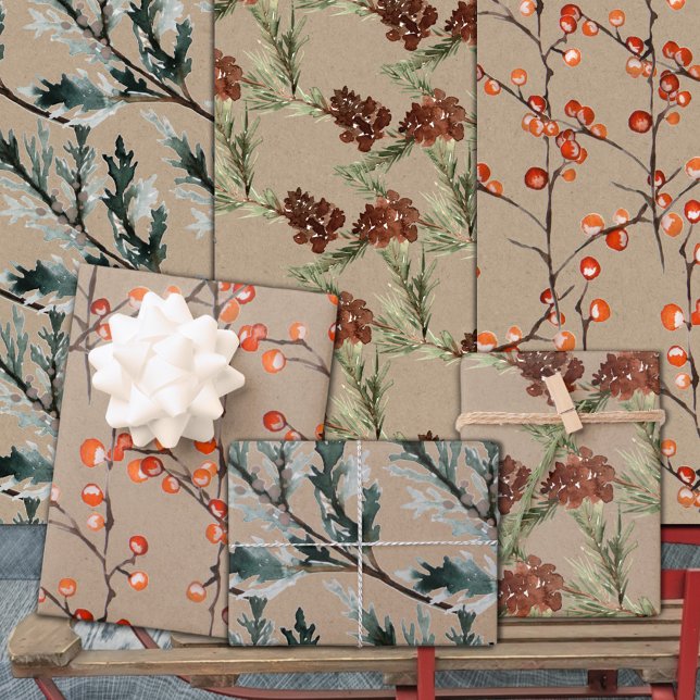Feuille De Papier Cadeau Pins de genévrier rustique Kraft et baies d'Ilex (Rustic Kraft Juniper Pine Cones & Ilex Berries Christmas Holiday Gift Wrapping Sheets Trio)
