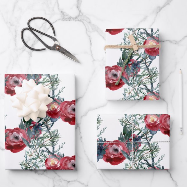 Feuille De Papier Cadeau Pins et épinettes Rose d'hiver Trellis vert (Recto)