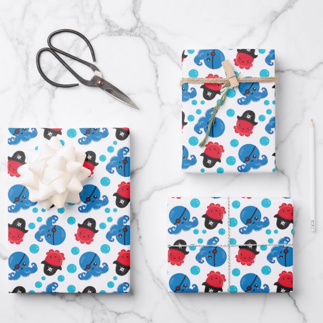 Feuille De Papier Cadeau Pirate Octopus, Motif de pieuvre, Animaux de mer (Recto)