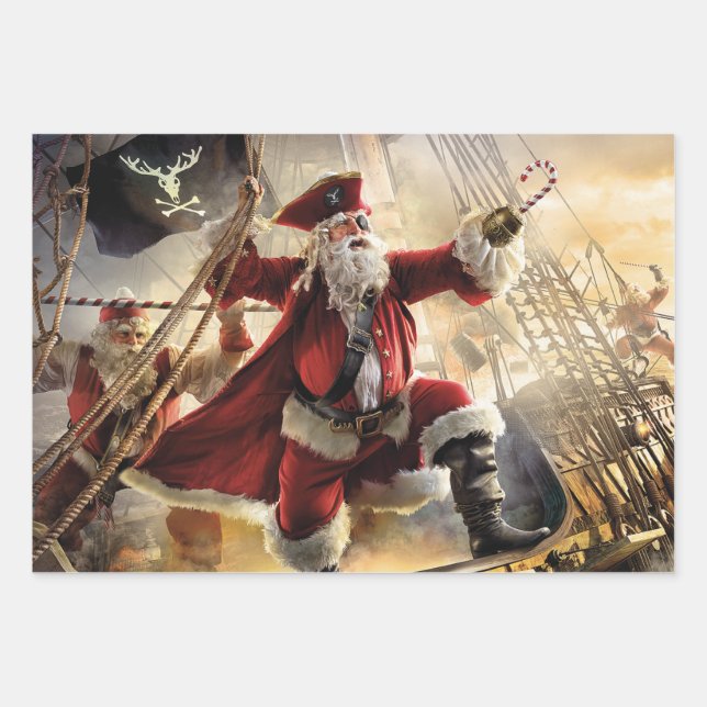 Feuille De Papier Cadeau Pirate Père Noël (Devant)