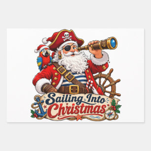 Feuille De Papier Cadeau Pirate Santa en route pour Noël