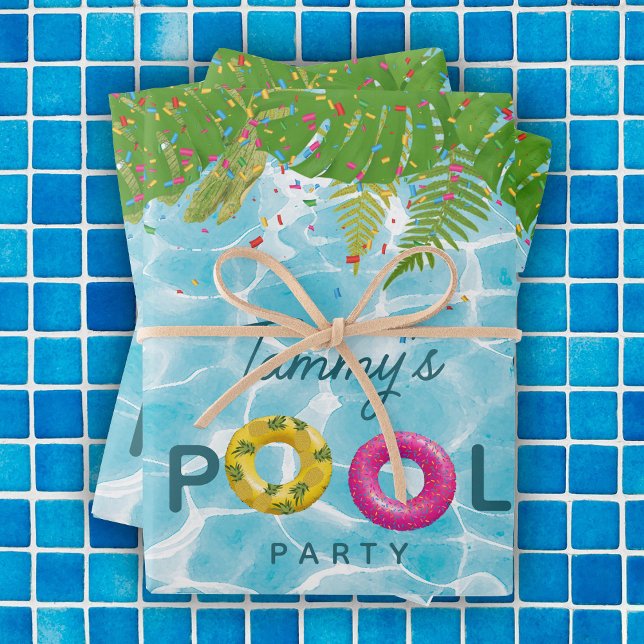 Feuille De Papier Cadeau Piscine tropicale Piscine de fête Anniversaire (Tropical Pool Party Swimming Pool Birthday Wrapping Paper Sheets)