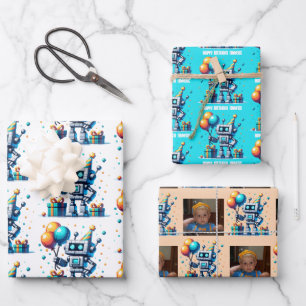 Feuille De Papier Cadeau Pixel Art Robot en Orange et Turquoise anniversair