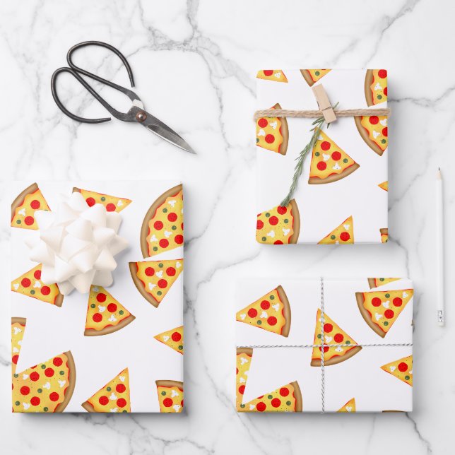 Feuille De Papier Cadeau Pizza et tranches de cool motif sur blanc (Recto)