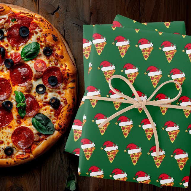 Feuille De Papier Cadeau Pizzas de Noël mignonnes en Santa Hats Vert (Créateur téléchargé)