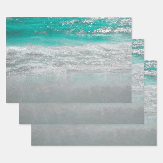 Feuille De Papier Cadeau Plage Côte Turquoise Océan Vagues Art Tropical (Lot)