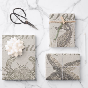 Feuille De Papier Cadeau Plage Maison Crabe Plage Côte Vintage côtière