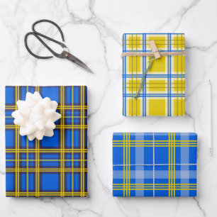 Feuille De Papier Cadeau Plaid Bleu Et Jaune
