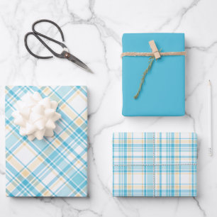 Feuille De Papier Cadeau Plaid bleu, jaune et blanc doux
