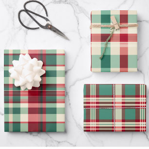 Feuille De Papier Cadeau Plaid de Noël rétro en Crème Rouge et Vert