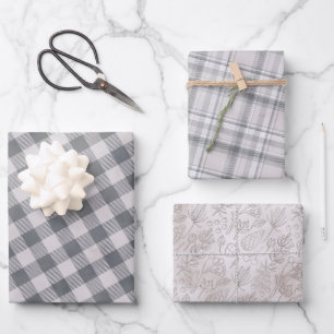 Feuille De Papier Cadeau Plaid Gris Rustique et Trois Emballages à Motif Co