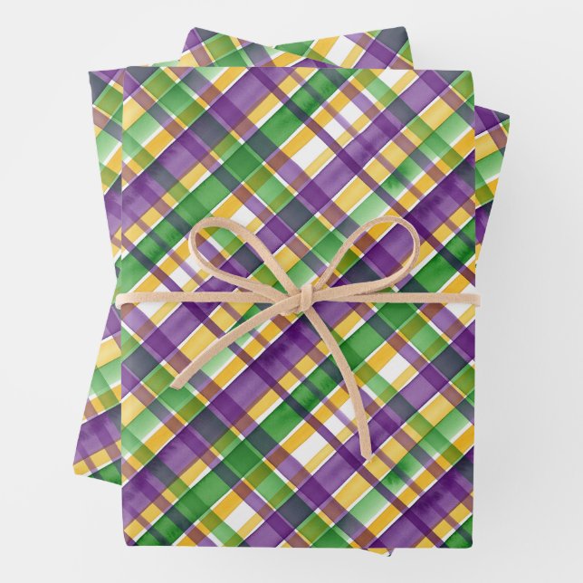 Feuille De Papier Cadeau Plaid Mardi Gras aquarelle (En situation)
