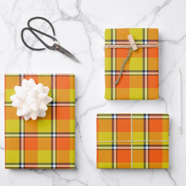 Feuille De Papier Cadeau Plaid Orange Flamboyant et Fleur d'Oiseau (Recto)