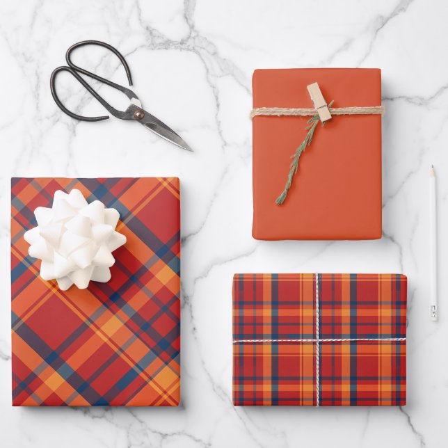 Feuille De Papier Cadeau Plaid orange, rouge et bleu (Recto)