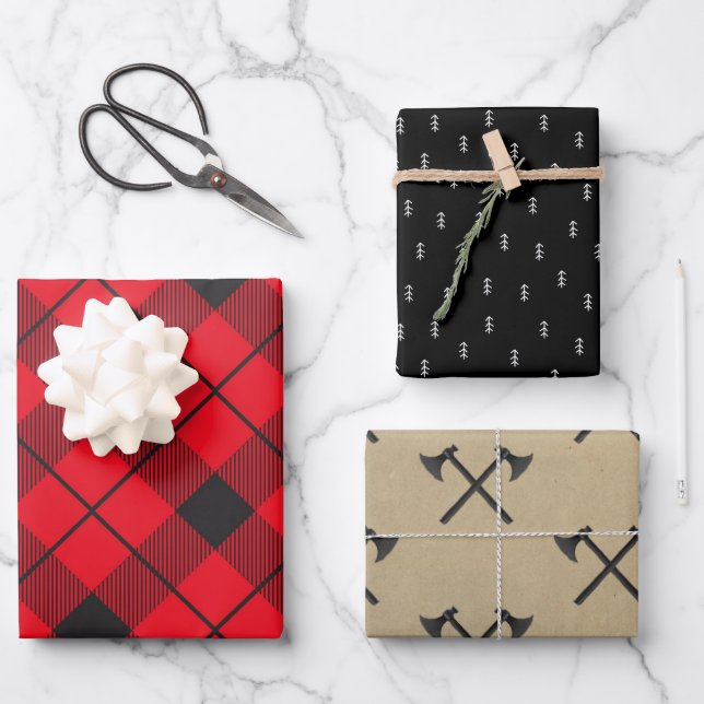 Feuille De Papier Cadeau Plaid rustique de bûcheron | Arbre de Noël & Axes (Recto)