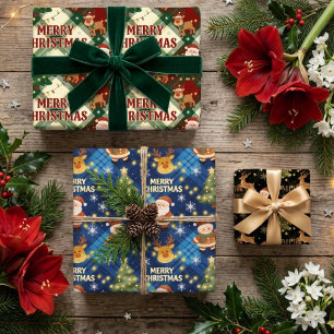 Feuille De Papier Cadeau Plaid rustique Santa Cerf Noël Fêtes TMF26