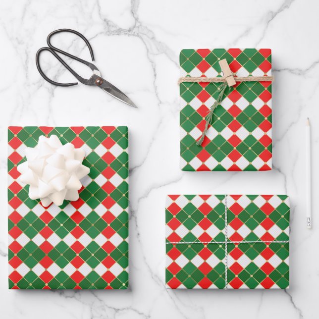 Feuille De Papier Cadeau Plaid traditionnel or rouge vert blanc Jacquard (Recto)