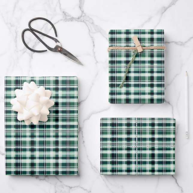 Feuille De Papier Cadeau Plaid vert, blanc et noir (Recto)
