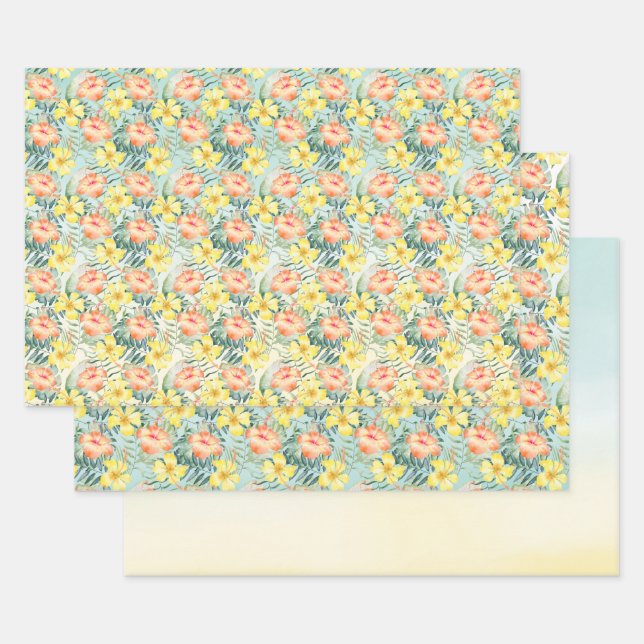 Feuille De Papier Cadeau Plaie Tropicale Yellow Hibiscus Fleurs Mint Ombre (Lot)
