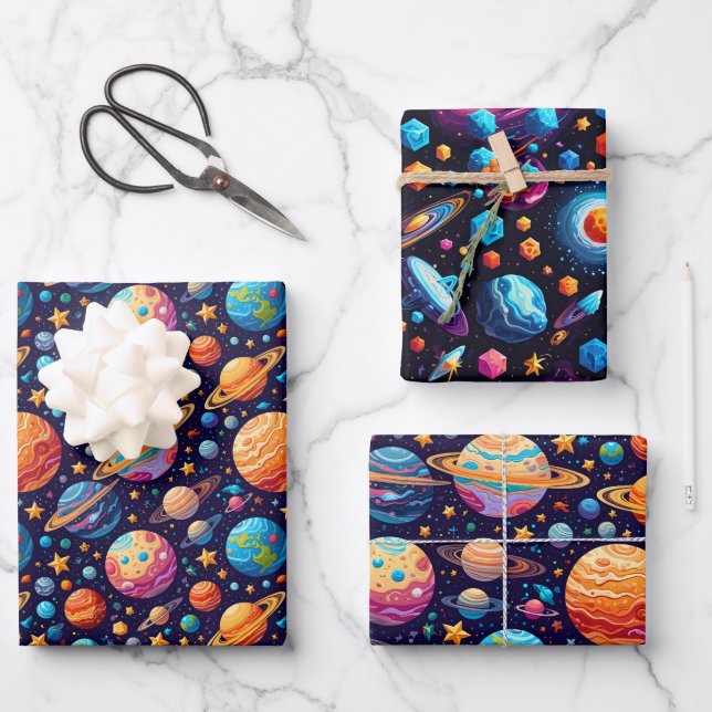 Feuille De Papier Cadeau Planètes célestes et étoiles (Recto)