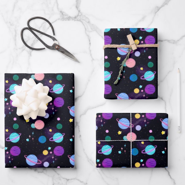 Feuille De Papier Cadeau Planètes Étoiles Soleils Astrologie Peints Aléatoi (Recto)
