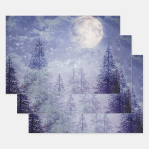 Feuille De Papier Cadeau Pleine lune Forêt de pins d'hiver