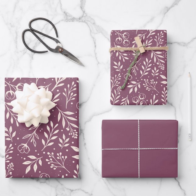 Feuille De Papier Cadeau Plum bouché de Motif botanique - Ensemble de papie (Recto)